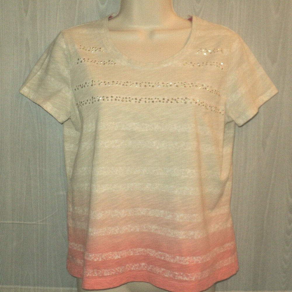 Zenergy by Chico's Top Size 1 Small-Med Tan & Peach Dip-Dye Short Sleeves Studs
